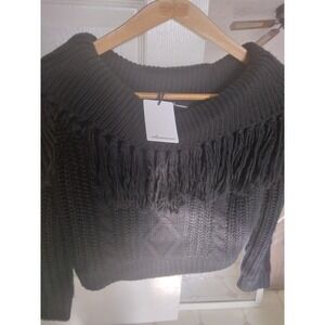 0livaceous nwt black cable knit women's sweater cowl neck with fringe size s